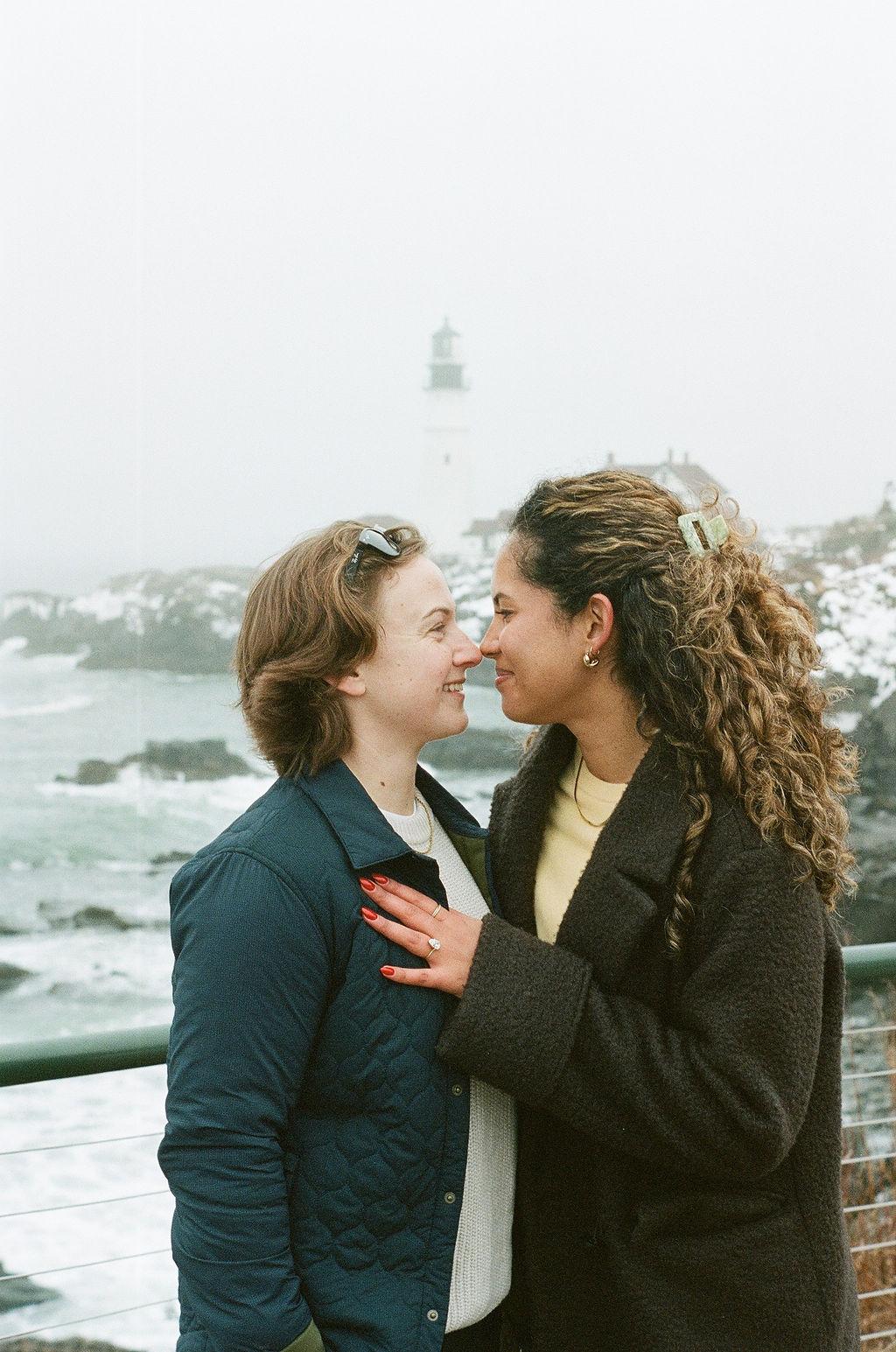 Queer Surprise Proposal and Engagement Session on Film at Portland Headlight