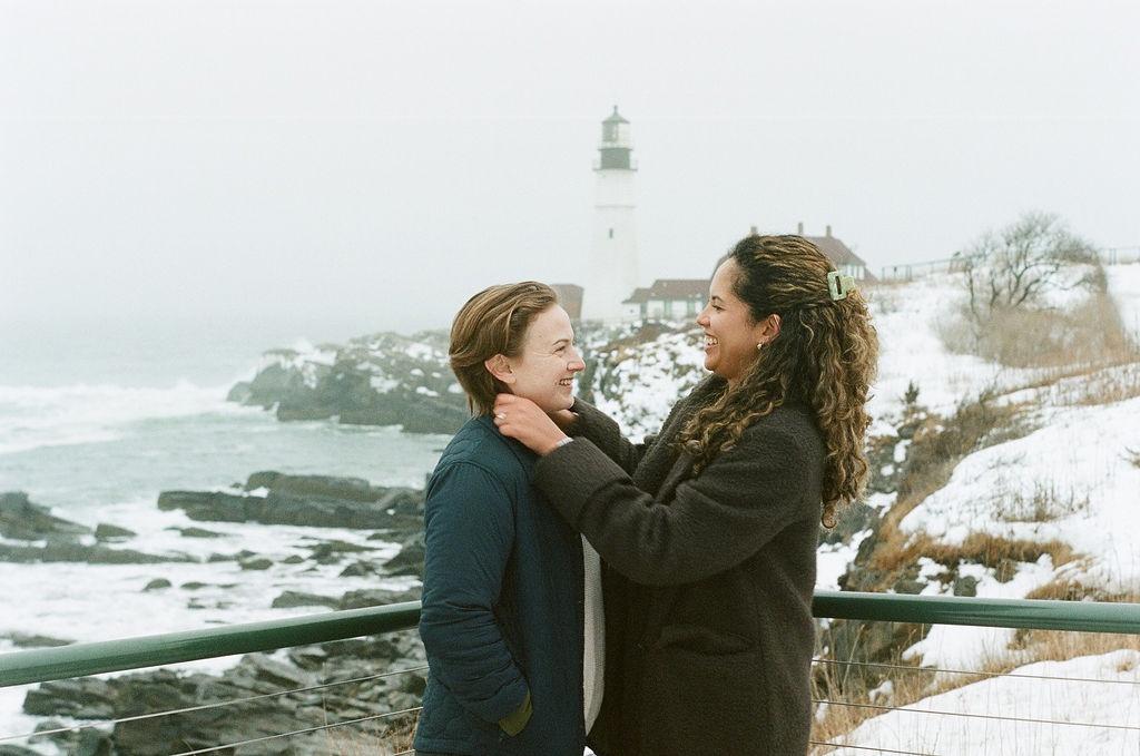 Queer Surprise Proposal and Engagement Session on Film at Portland Headlight